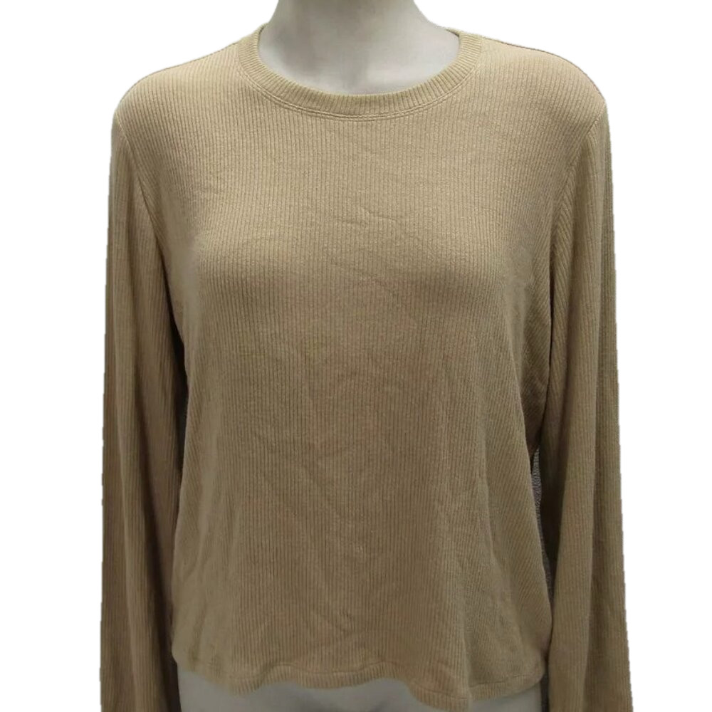 NEW SABLYN Womens Quincy Fitted Ribbed Crewneck Long Sleeve T-Shirt Size L Beige